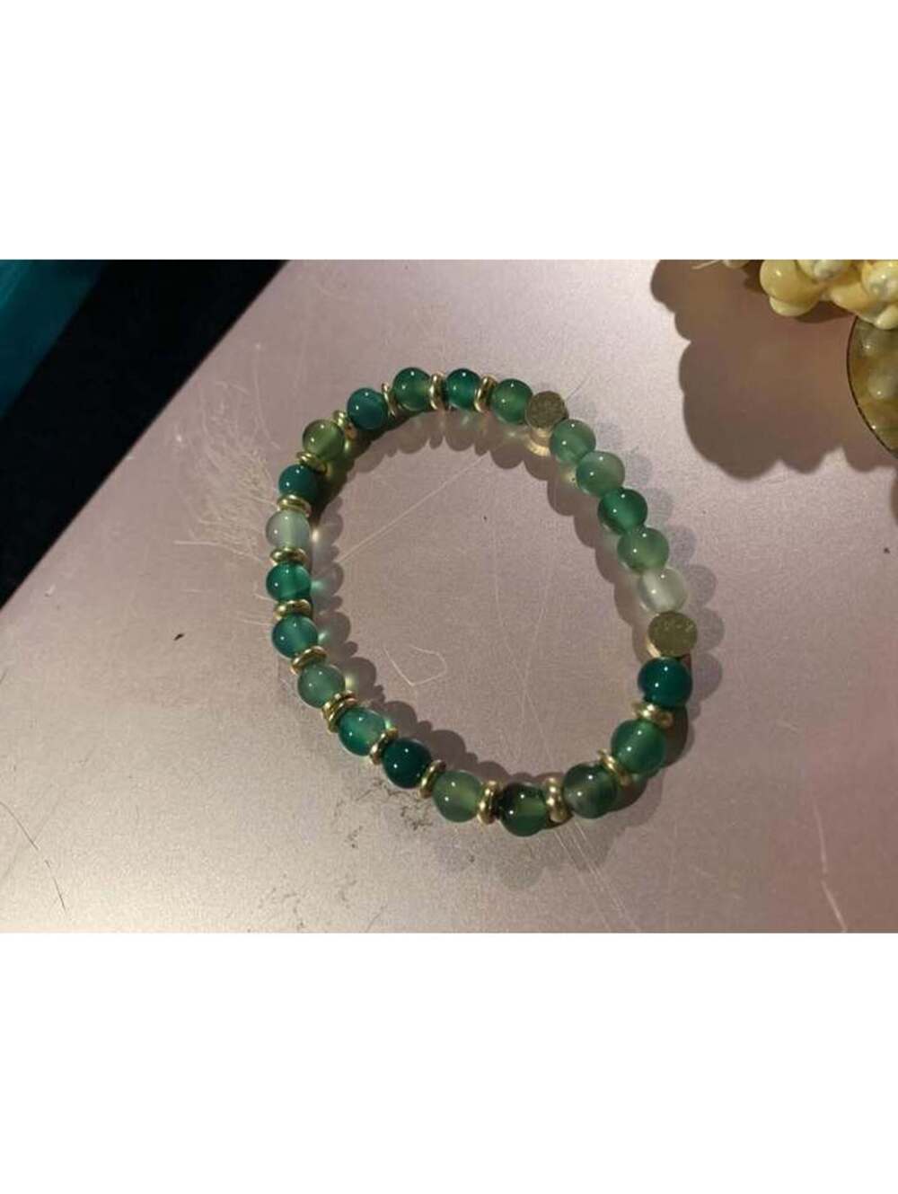 Green Beaded Stretch Bracelet with Gold Accents